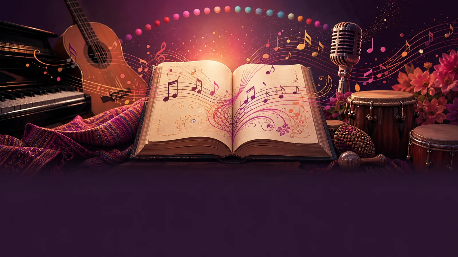 Libro musical abierto rodeado de instrumentos y notas que representan distintas versiones de Cumpleaños Feliz