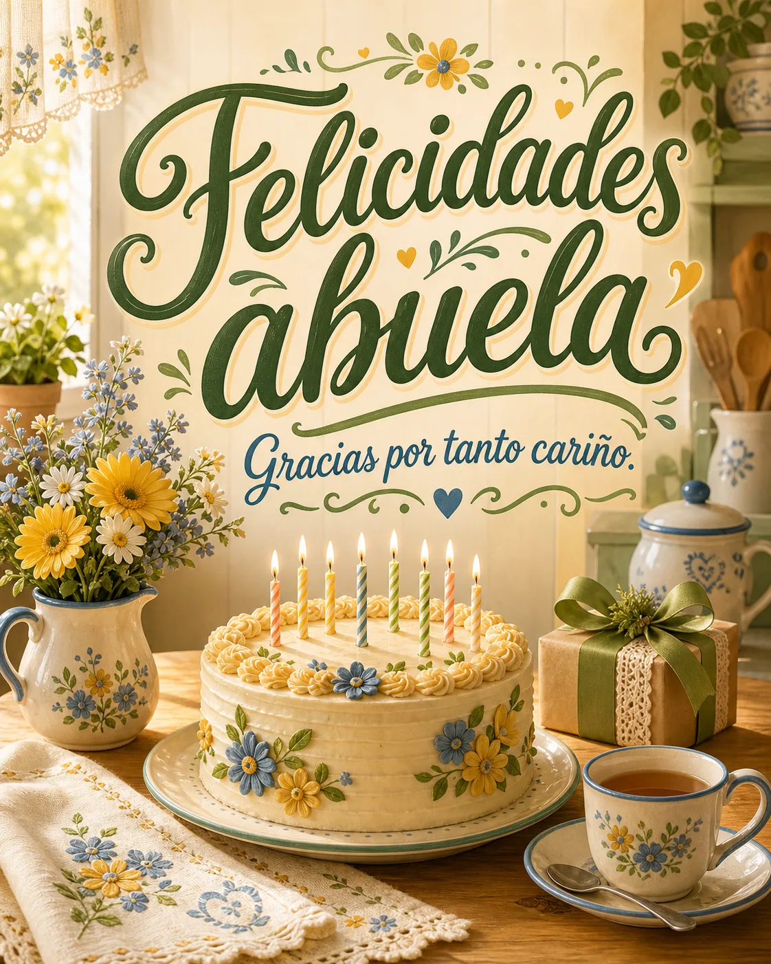 Poster cálido de felicidades abuela con tarta casera, flores, taza y dedicatoria de agradecimiento.
