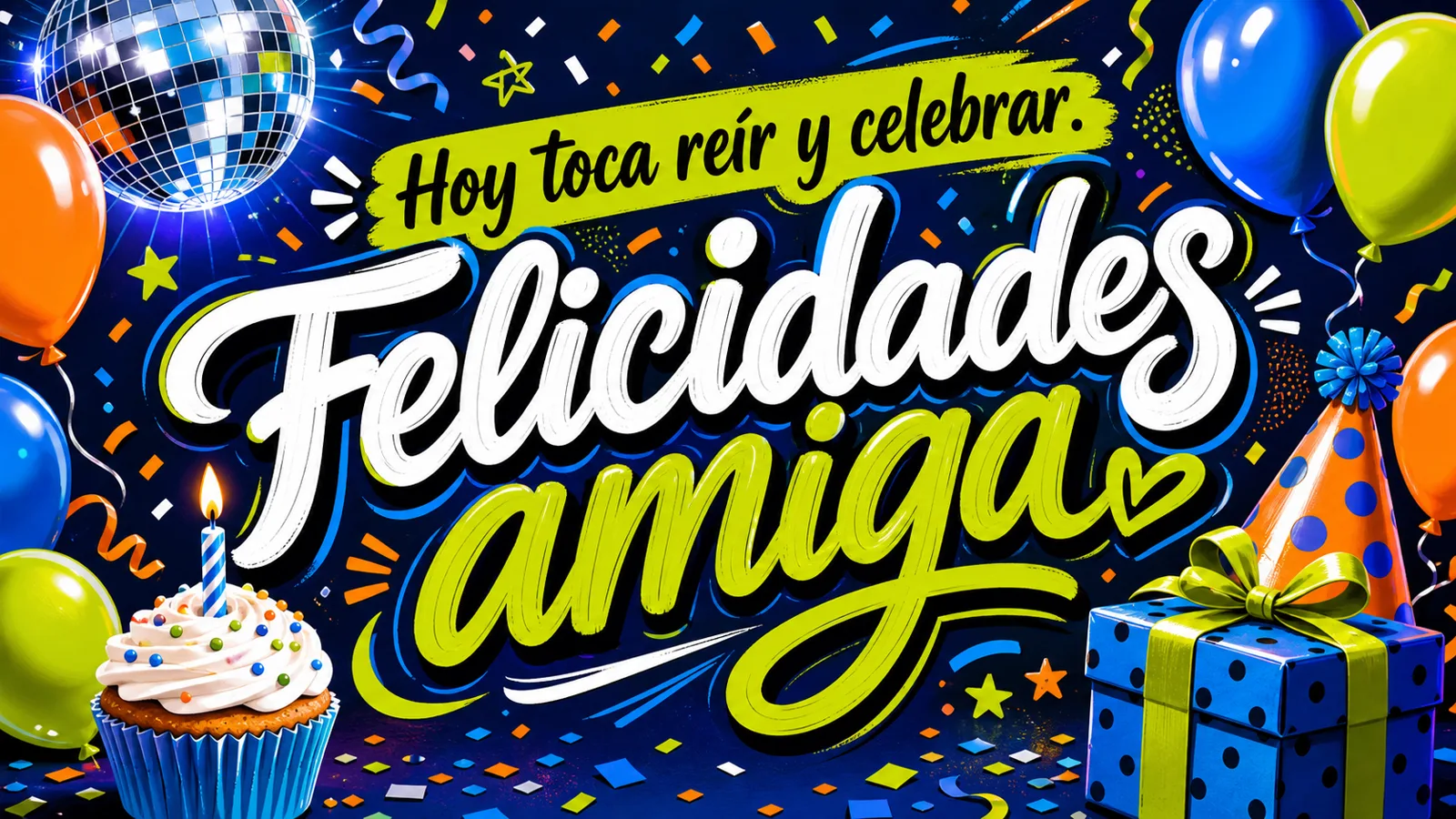 Poster horizontal de cumpleaños para amiga con lettering de Felicidades amiga, confeti, globos y fiesta urbana.