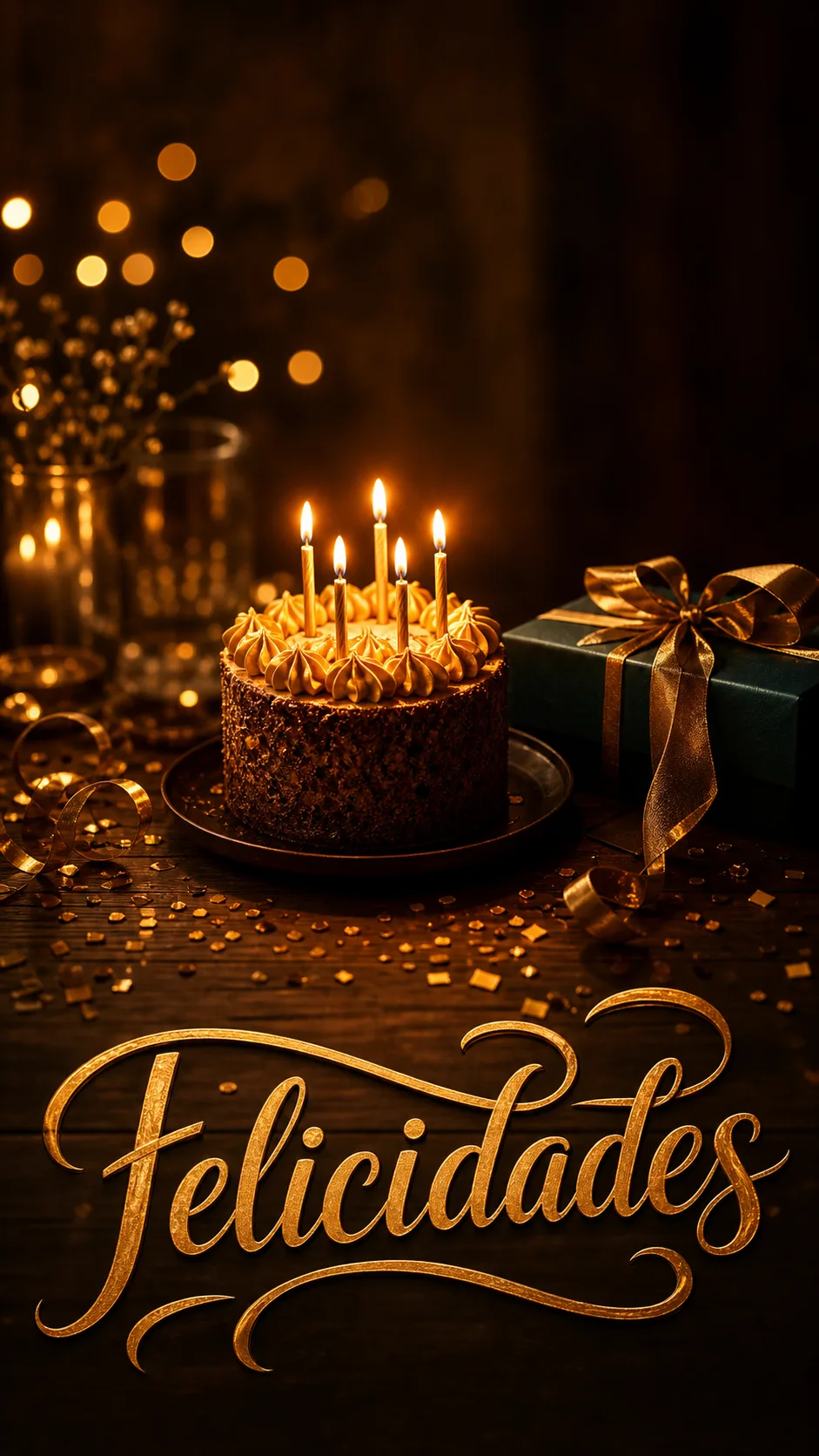 Poster vertical elegante de cumpleaños con tarta iluminada por velas y lettering cinematográfico de Felicidades.