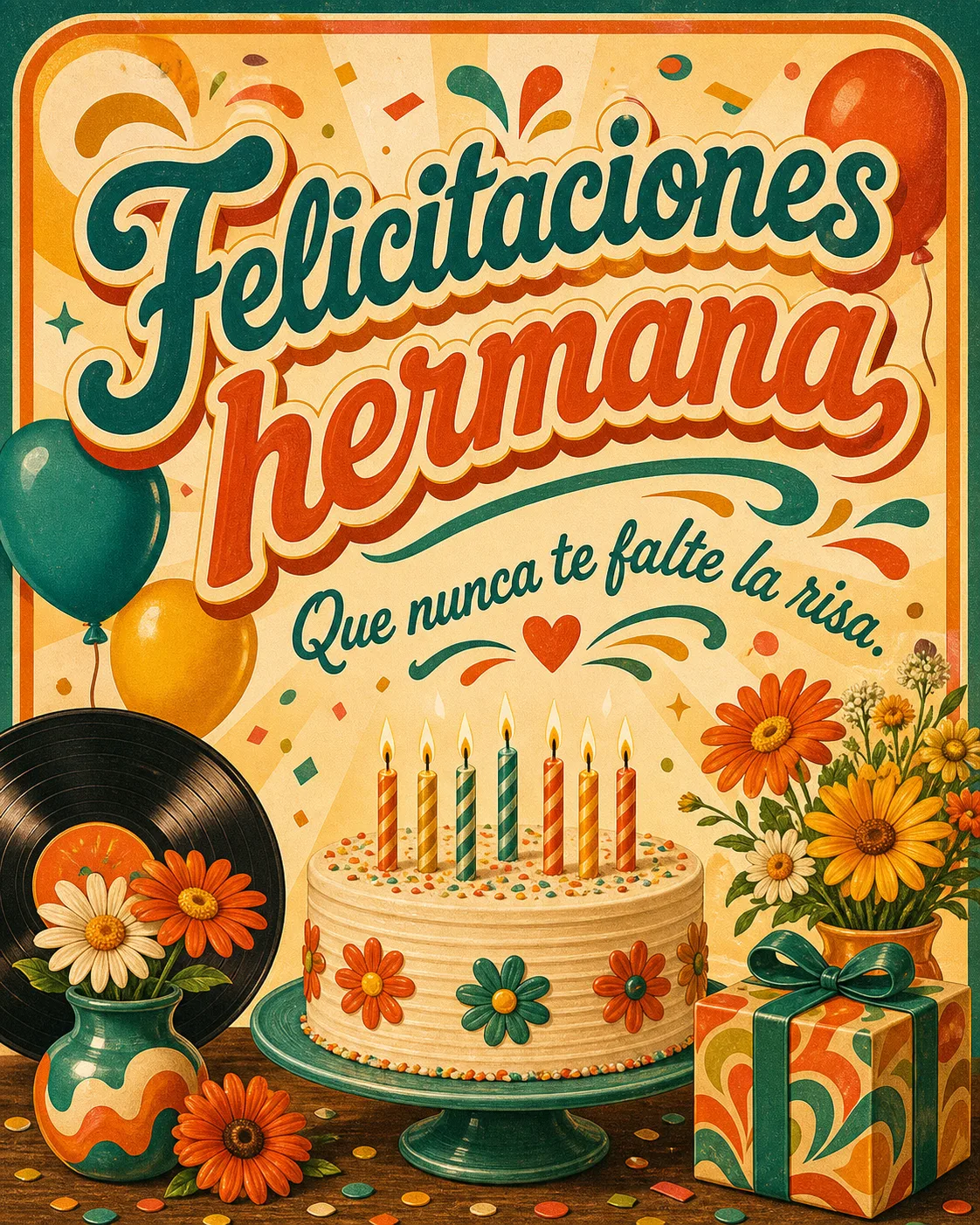 Poster retro de felicitaciones para hermana con dedicatoria breve, tarta, globos, flores y estilo vintage.