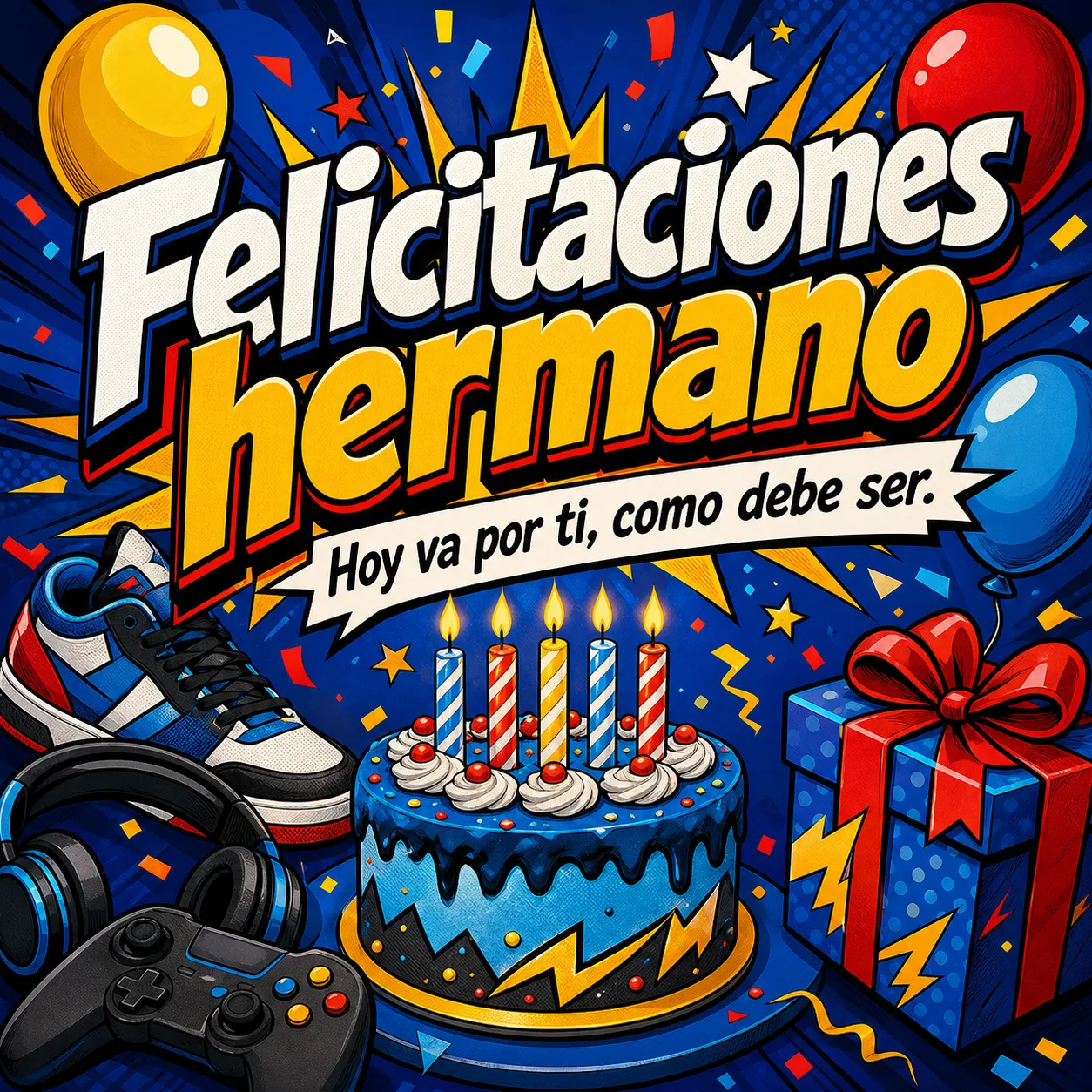 Poster comic de felicitaciones hermano con dedicatoria cercana, tarta, regalos, mando de juego, globos y confeti.