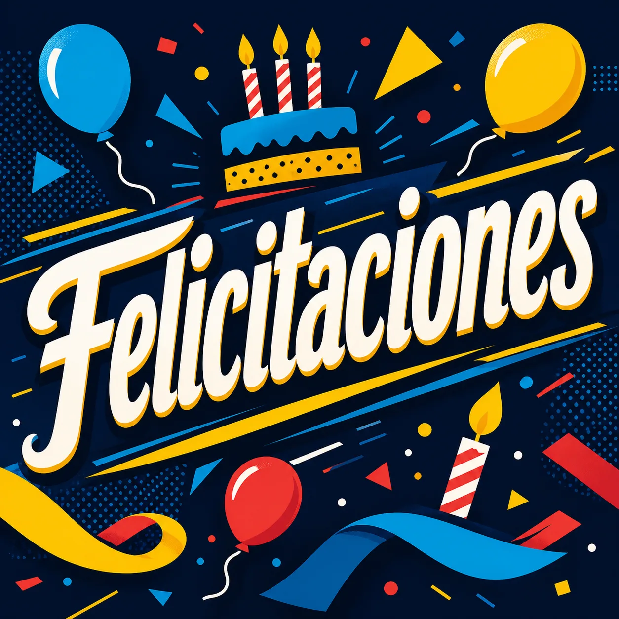 Poster moderno de felicitaciones con lettering protagonista, confeti geométrico, velas y elementos gráficos de cumpleaños.