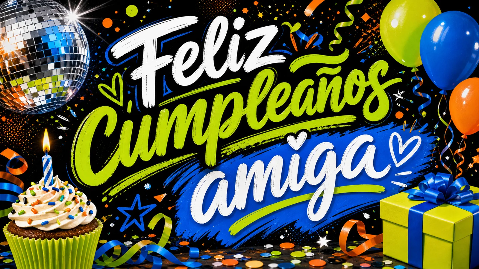 Poster ancho de feliz cumpleaños amiga con lettering protagonista, globos, confeti, regalo y estética de fiesta urbana.