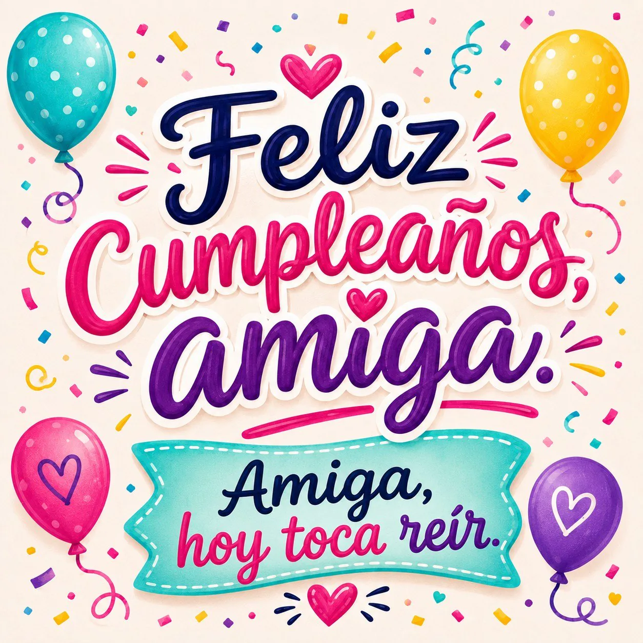 Imagen cuadrada de feliz cumpleaños amiga con globos de colores, confeti y lettering alegre con la frase hoy toca reír.