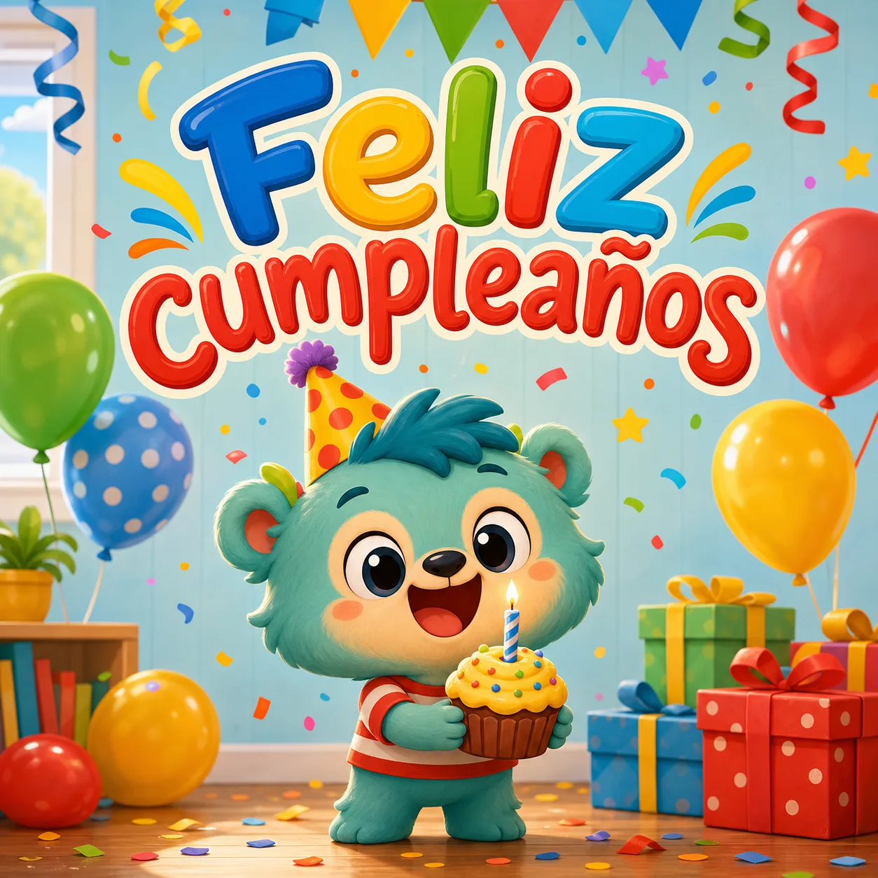 Poster cartoon cute de feliz cumpleaños con personaje alegre, cupcake, globos y confeti.