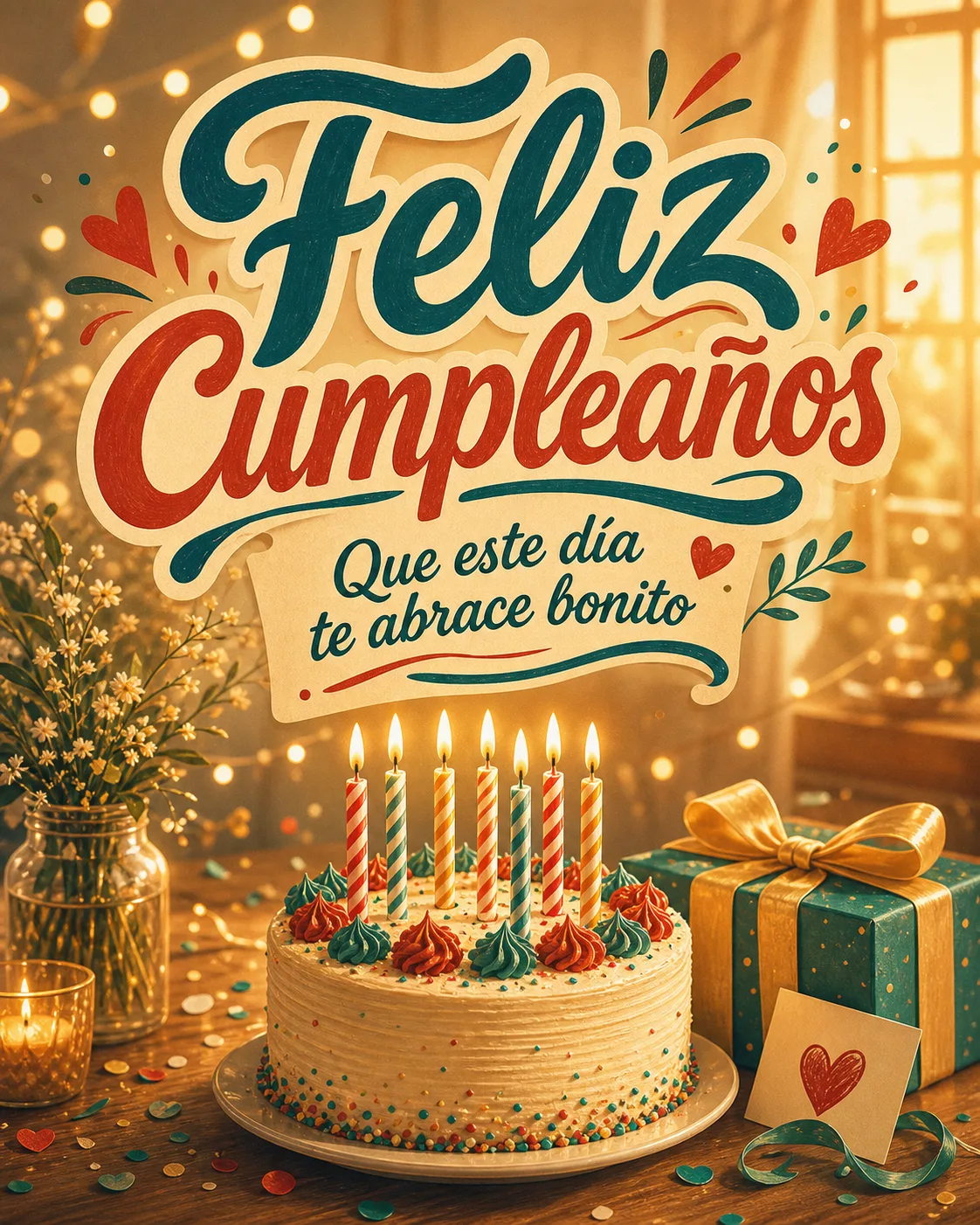 Poster emotivo de feliz cumpleaños con dedicatoria corta, tarta, velas, regalo y luces cálidas.