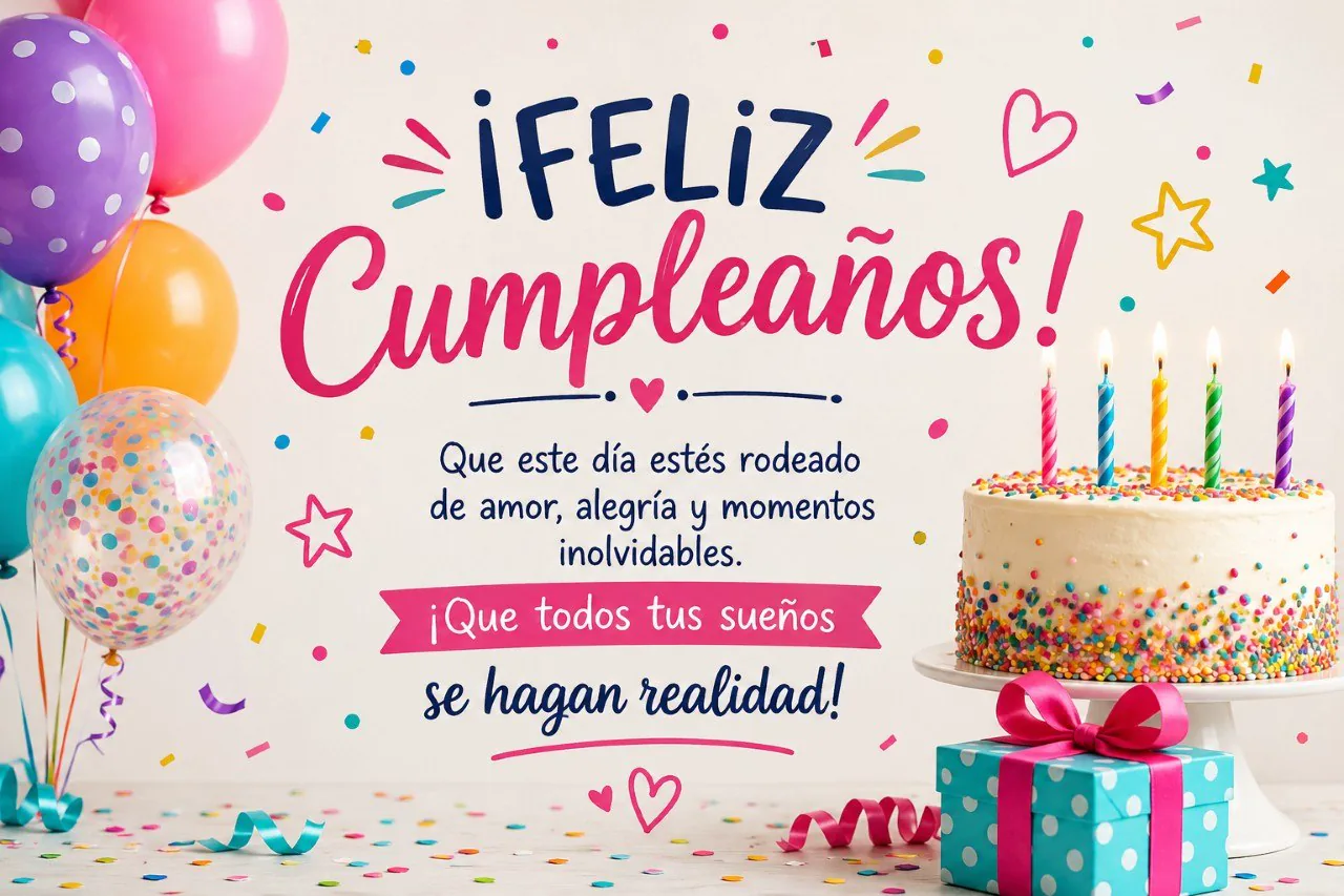 Poster de feliz cumpleaños con globos de colores, tarta con velas, regalo y mensaje de buenos deseos.