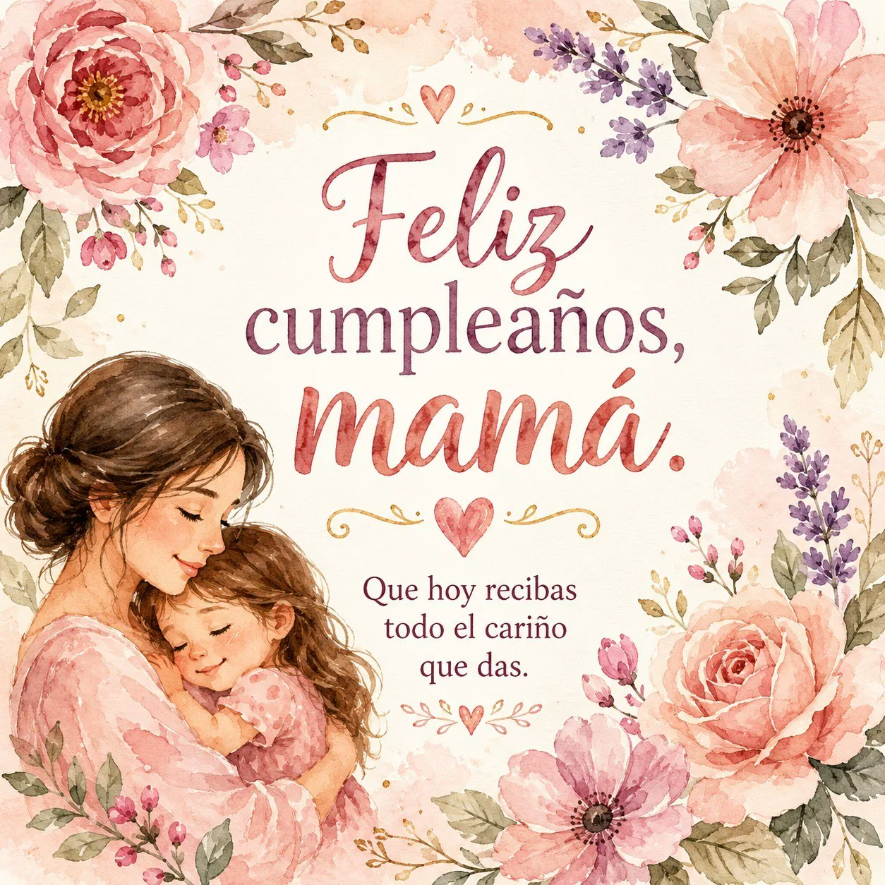 Ilustración en acuarela de una madre abrazando a su hija con flores y felicitación de cumpleaños para mamá.