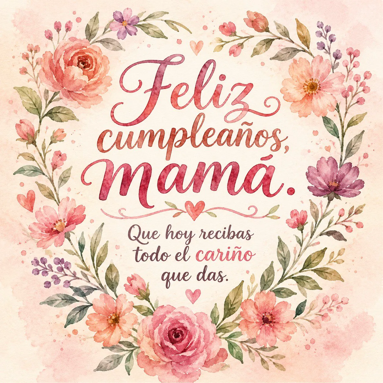 Tarjeta floral en acuarela con corona de flores y mensaje de feliz cumpleaños para mamá.
