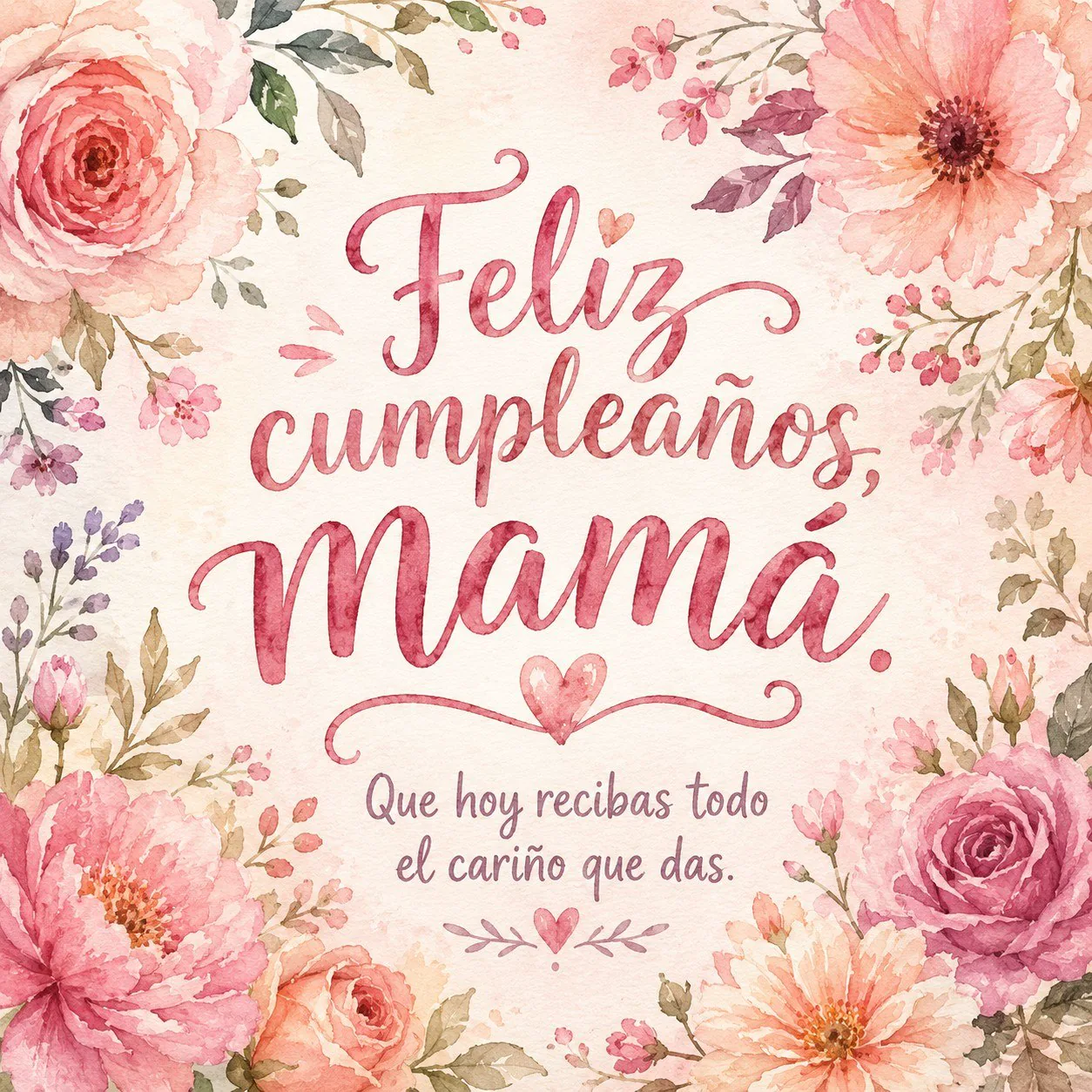 Tarjeta de cumpleaños para mamá con lettering rosa y marco de flores en acuarela.