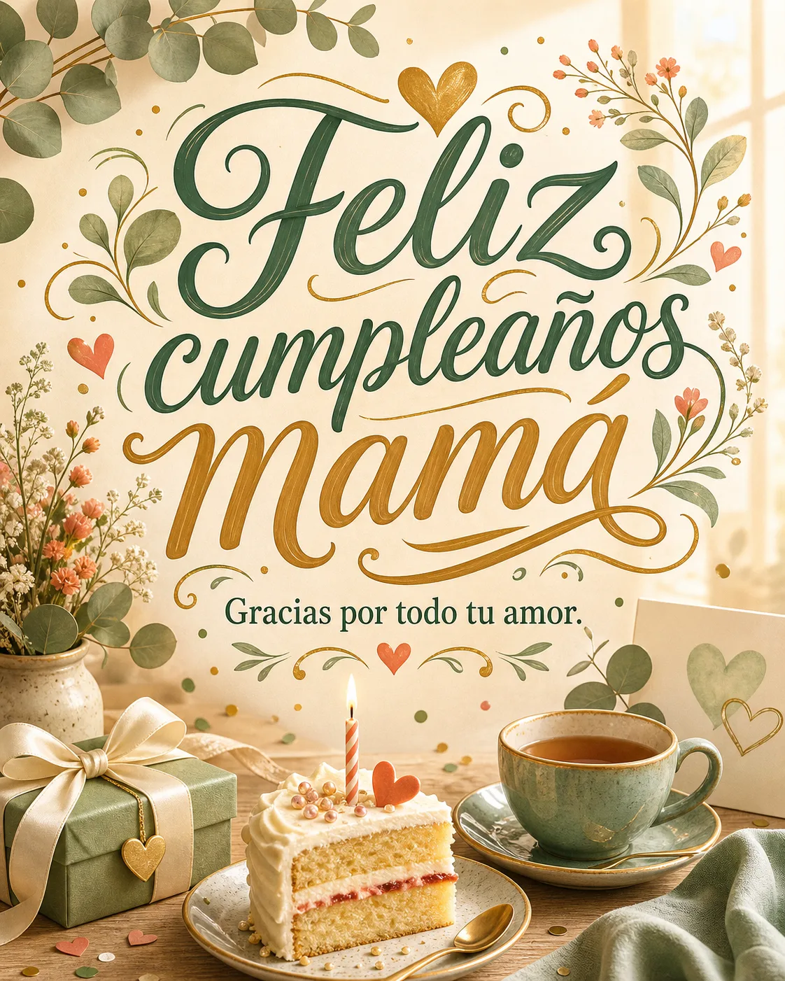 Poster elegante de feliz cumpleaños mamá con dedicatoria breve, tarta, regalo, taza y detalles botánicos.