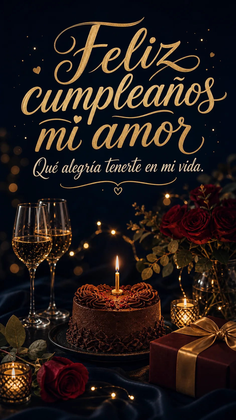 Poster romántico vertical de feliz cumpleaños mi amor con dedicatoria natural, tarta, velas y luz nocturna elegante.