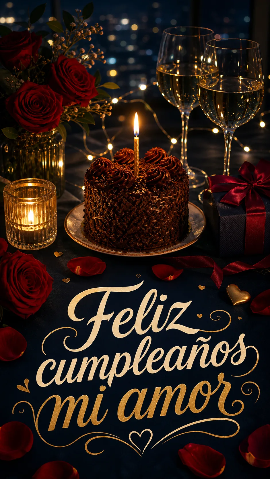 Poster romántico vertical de feliz cumpleaños mi amor con tarta, velas, copa, regalo y ambiente nocturno elegante.
