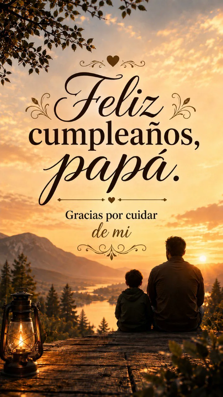 Imagen vertical de padre e hijo mirando un paisaje al atardecer con mensaje de cumpleaños para papá.