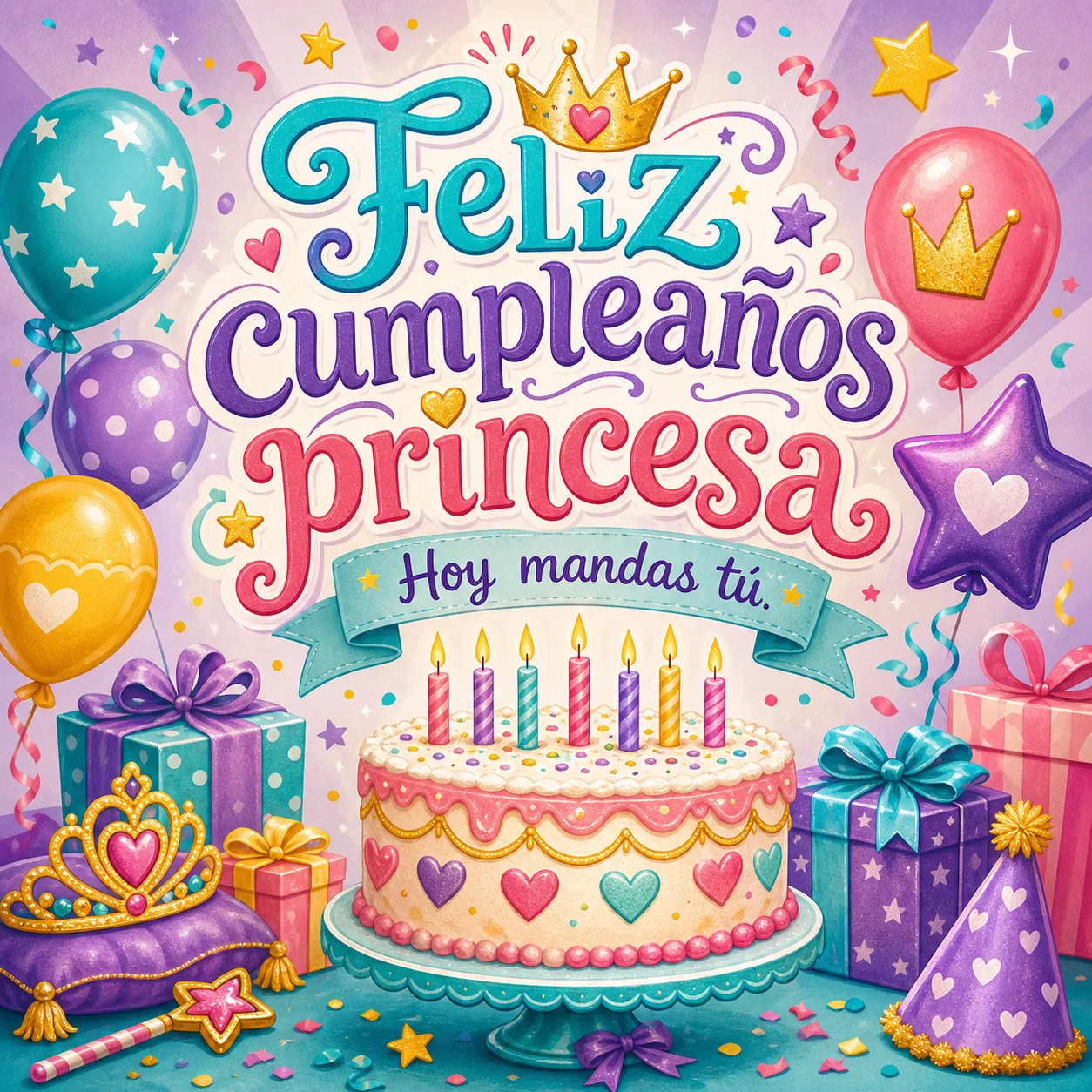 Poster infantil de feliz cumpleaños princesa con frase jovial, tarta, corona, globos, estrellas y colores alegres.