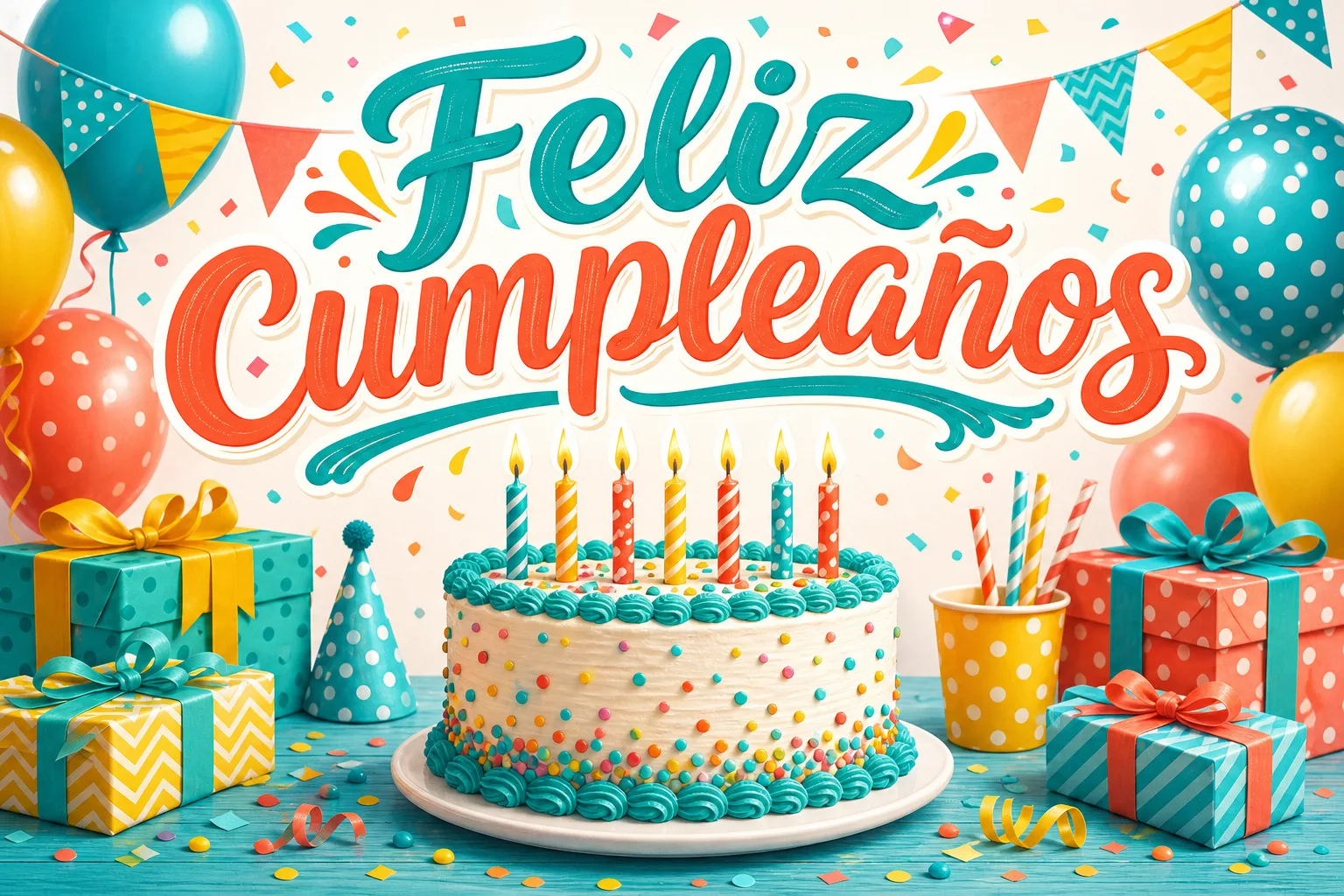 Poster colorido de feliz cumpleaños con tarta, globos, regalos y lettering protagonista.