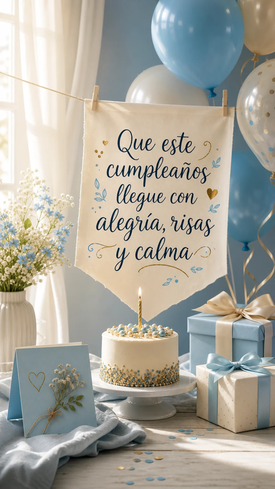 Imagen vertical de cumpleaños con mensaje de alegría y calma