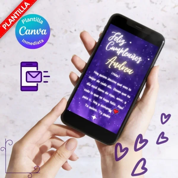 Diseño de felicitación de cumpleaños con estrellas brillantes y resplandor para editar en Canva.