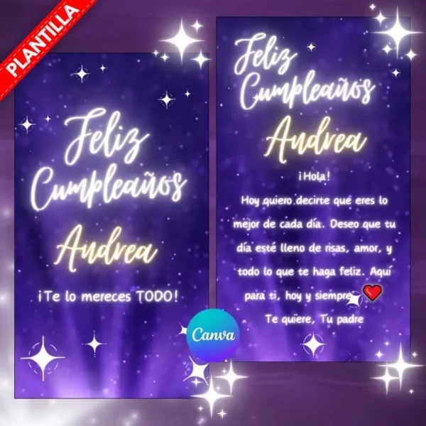 Felicitación de cumpleaños personalizable en Canva con elementos de estrellas.