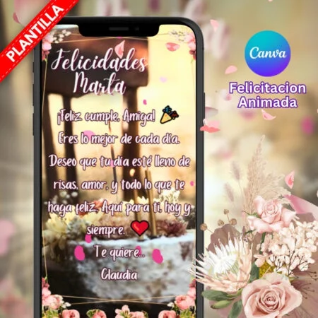 Felicitación de cumpleaños editable en Canva con diseño floral y animación.