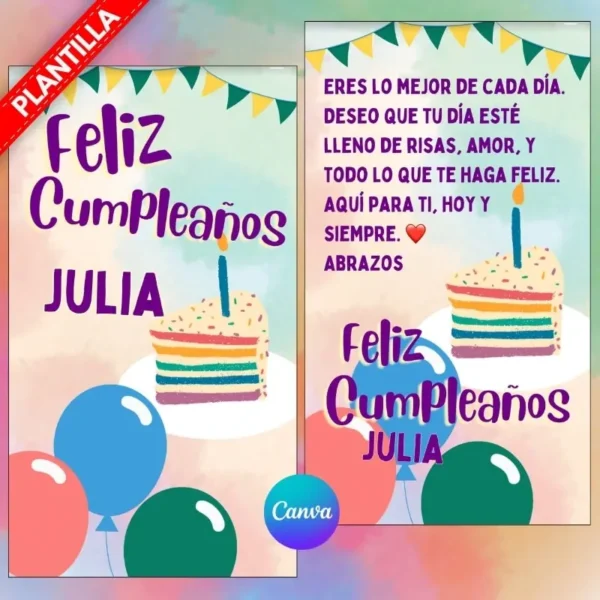 Felicitación de cumpleaños colorida con globos y pastel en Canva