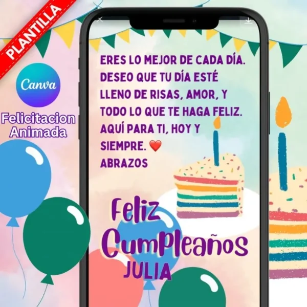 Plantilla de felicitación de cumpleaños con globos y pastel
