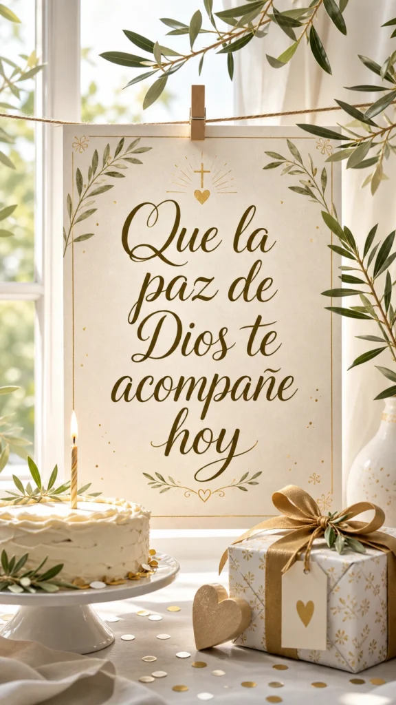 Imagen de bendiciones de cumpleaños con el texto "Que la paz de Dios te acompañe hoy", ventana luminosa, ramas de olivo, pastel pequeño, atmósfera de paz y bendición.