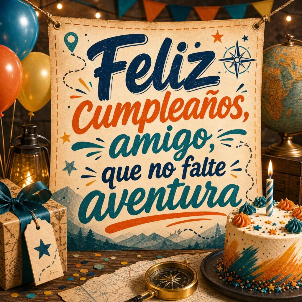 Imagen de feliz cumpleaños amigo divertido con el texto "Feliz cumpleaños, amigo, que no falte aventura", aventura festiva, mapa abstracto, globos, tarta, estilo dinámico sin marcas.