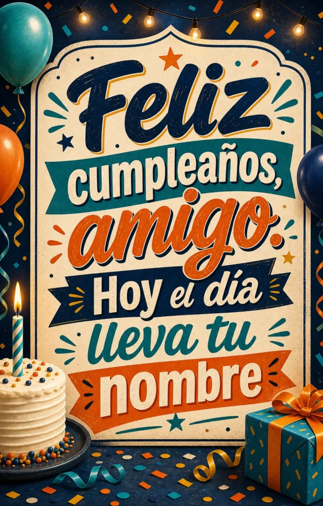 Imagen de feliz cumpleaños amigo con el texto "Feliz cumpleaños, amigo. Hoy el día lleva tu nombre", tarjeta divertida para amigo, tipografía grande, confeti y luces, estilo moderno.