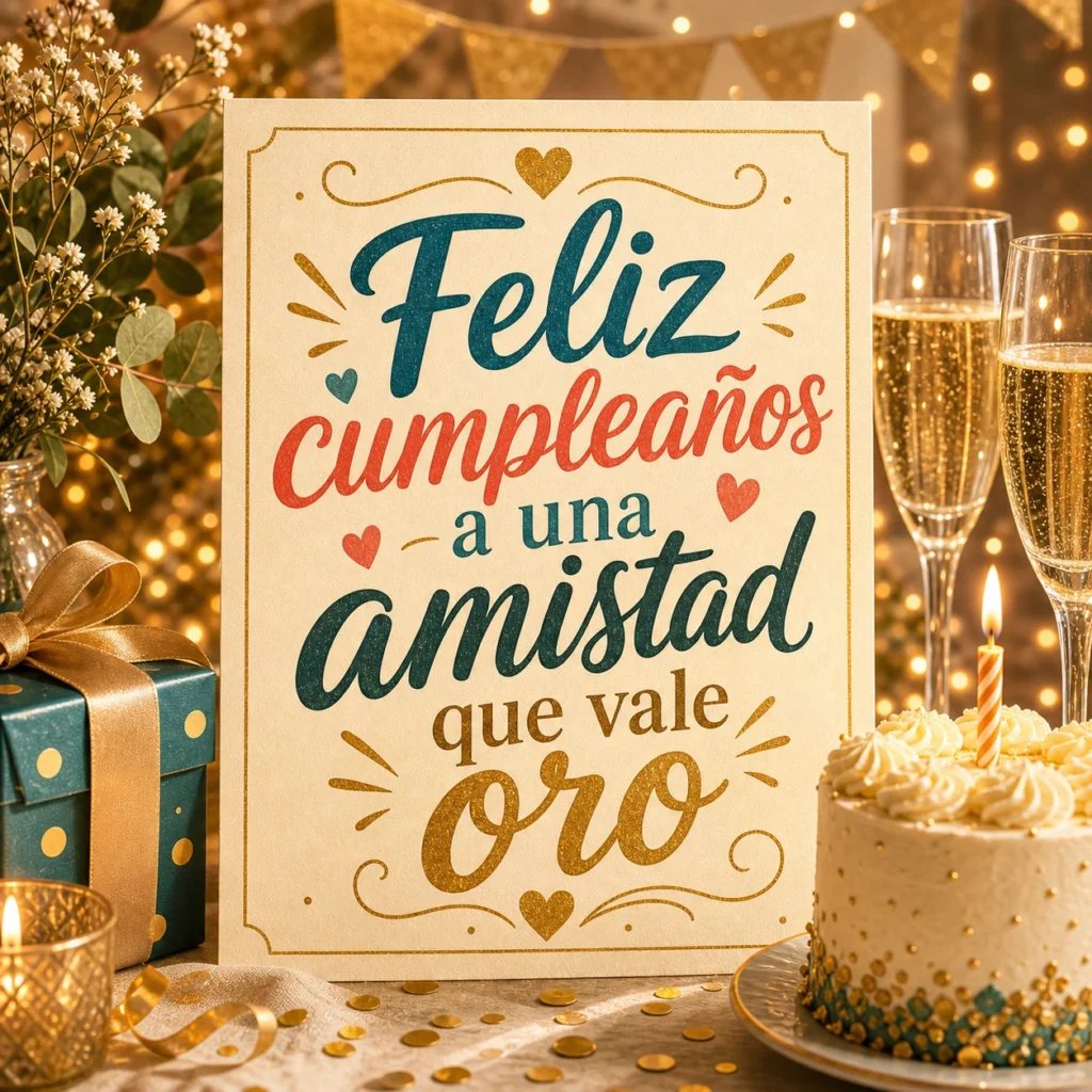 Imagen de cumpleaños para una amistad especial con el texto "Feliz cumpleaños a una amistad que vale oro", ilustración cálida de brindis abstracto sin rostros, dorado suave, amistad valiosa.