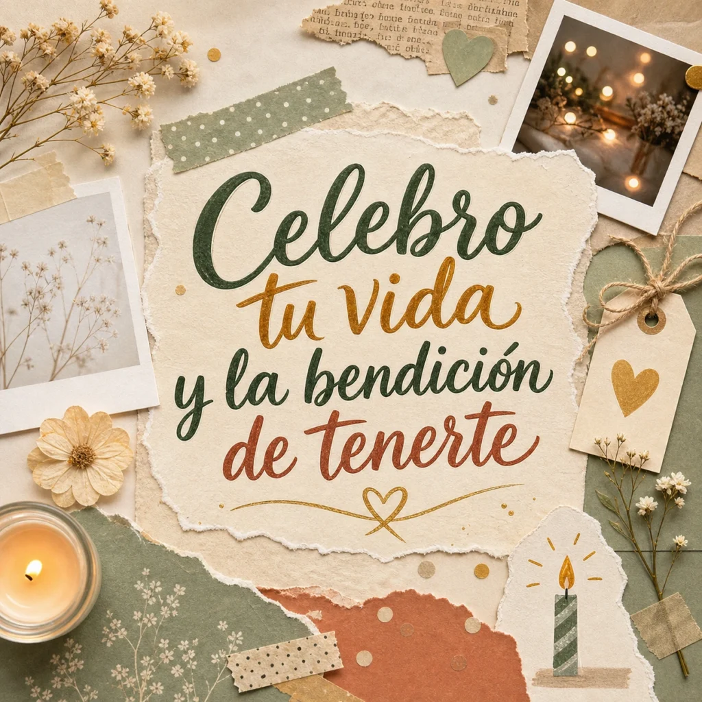 Imagen de felicitaciones cristianas de cumpleaños con el texto "Celebro tu vida y la bendición de tenerte", collage elegante de recuerdos sin caras, velas, papel artesanal, tono emocional.