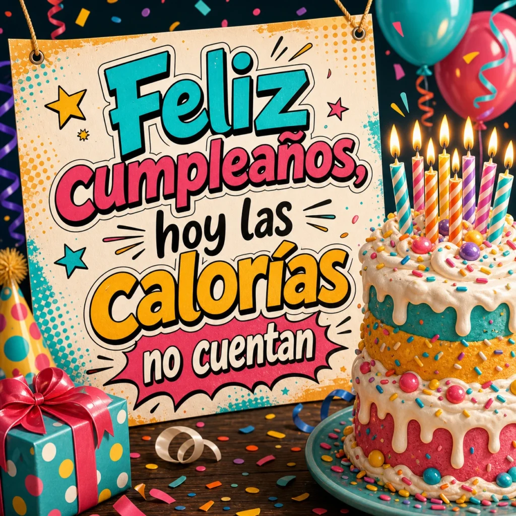 Imagen de imágenes de cumpleaños graciosas con el texto "Feliz cumpleaños, hoy las calorías no cuentan", comic/pop con pastel exagerado, colores vivos, lettering divertido.