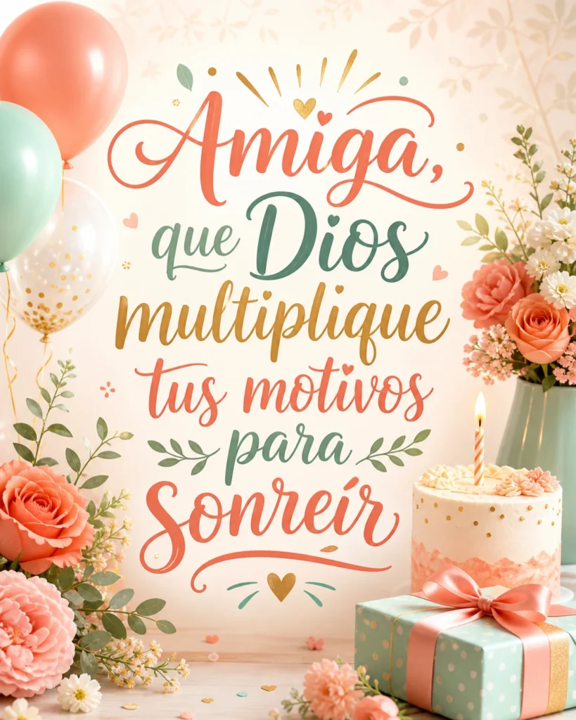 Imagen de cumpleaños cristiano para amiga con el texto "Amiga, que Dios multiplique tus motivos para sonreír", tarjeta alegre, flores y globos suaves, lettering cercano, lectura rápida en móvil.