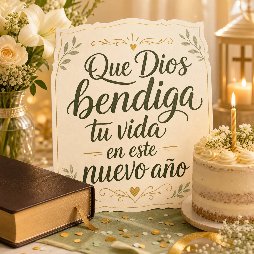 Imagen de feliz cumpleaños cristiano con el texto "Que Dios bendiga tu vida en este nuevo año", luz cálida, biblia cerrada sin texto legible, velas, flores suaves, lettering sereno.