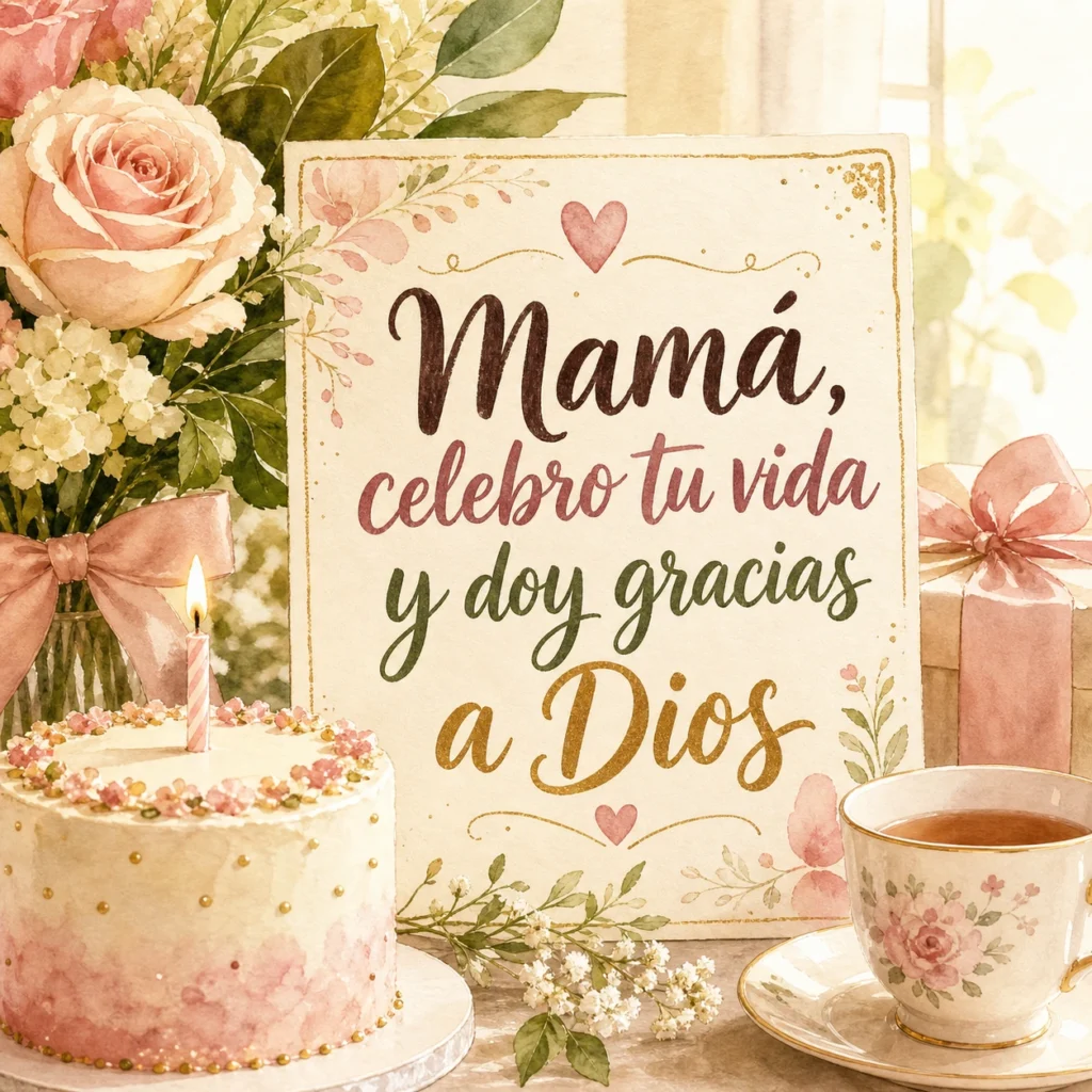 Imagen de cumpleaños cristiano para mamá con el texto "Mamá, celebro tu vida y doy gracias a Dios", acuarela cálida, ramo de flores, mesa de cumpleaños, tono agradecido y maternal.
