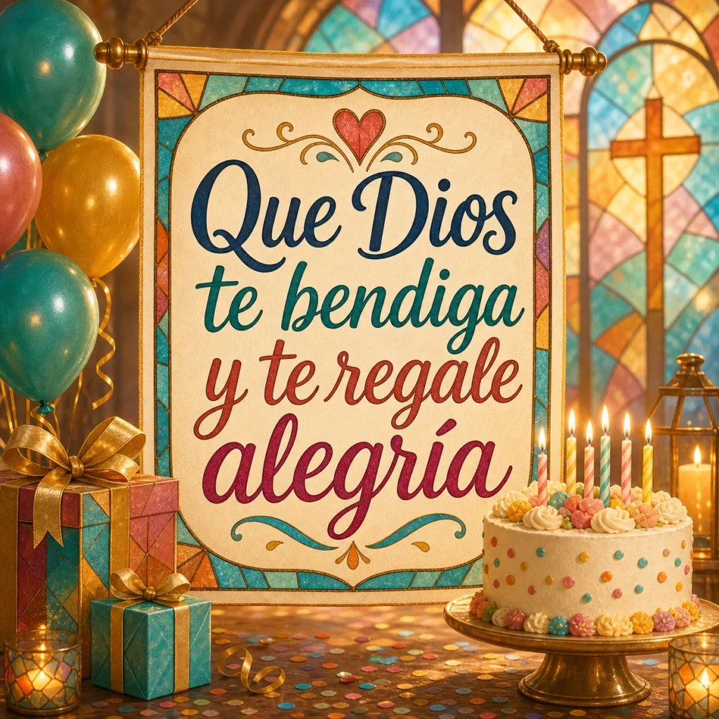 Imagen de feliz cumpleaños que Dios te bendiga con el texto "Que Dios te bendiga y te regale alegría", celebración familiar abstracta sin rostros, luz dorada, globos discretos, tono esperanzador.