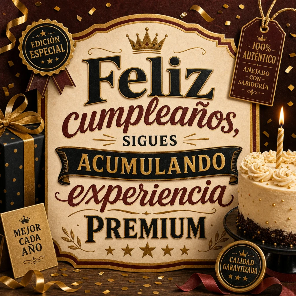 Imagen de felicitaciones de cumpleaños graciosas con el texto "Feliz cumpleaños, sigues acumulando experiencia premium", poster tipo etiqueta premium con humor, dorado falso-lujo, confeti, tono adulto.
