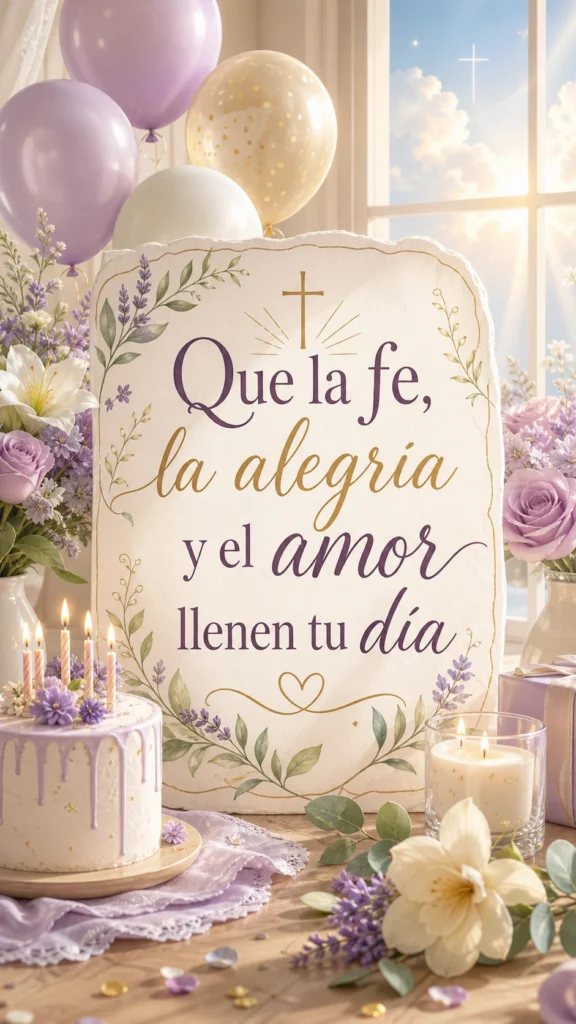 Imagen de imagen cristiana de cumpleaños con el texto "Que la fe, la alegría y el amor llenen tu día", ilustración editorial suave, cielo luminoso, flores, tarta pequeña, lettering manuscrito.