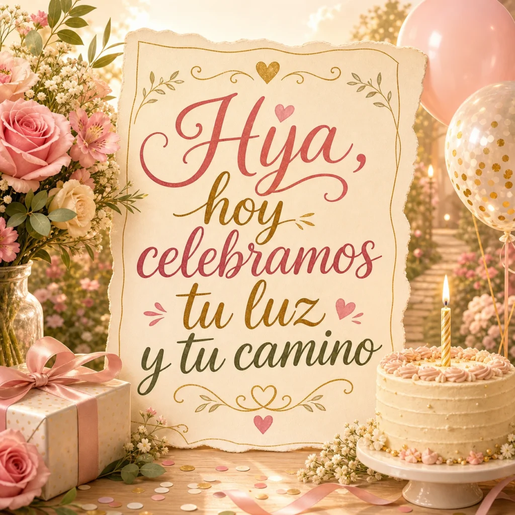 Imagen de cumpleaños para hija bonita con el texto "Hija, hoy celebramos tu luz y tu camino", luz suave, camino floral, globos delicados, lettering luminoso y femenino.