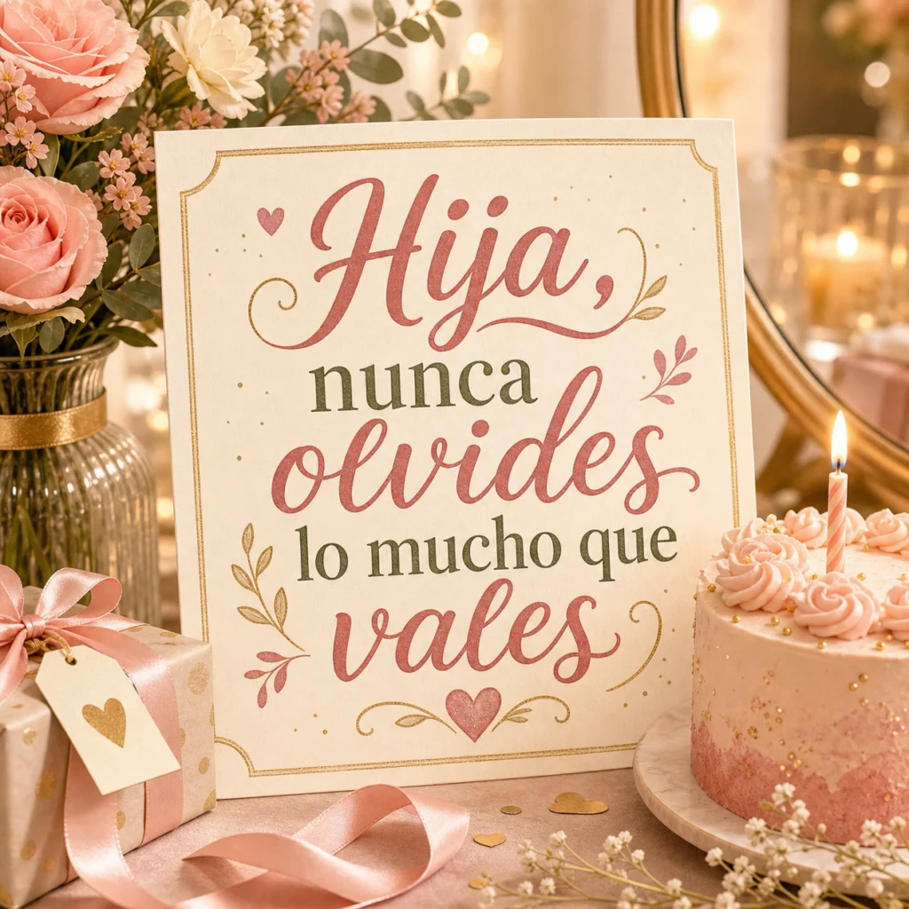 Imagen de feliz cumpleaños hija con el texto "Hija, nunca olvides lo mucho que vales", tarjeta femenina moderna, flores, espejo simbólico, paleta rosa suave y verde.
