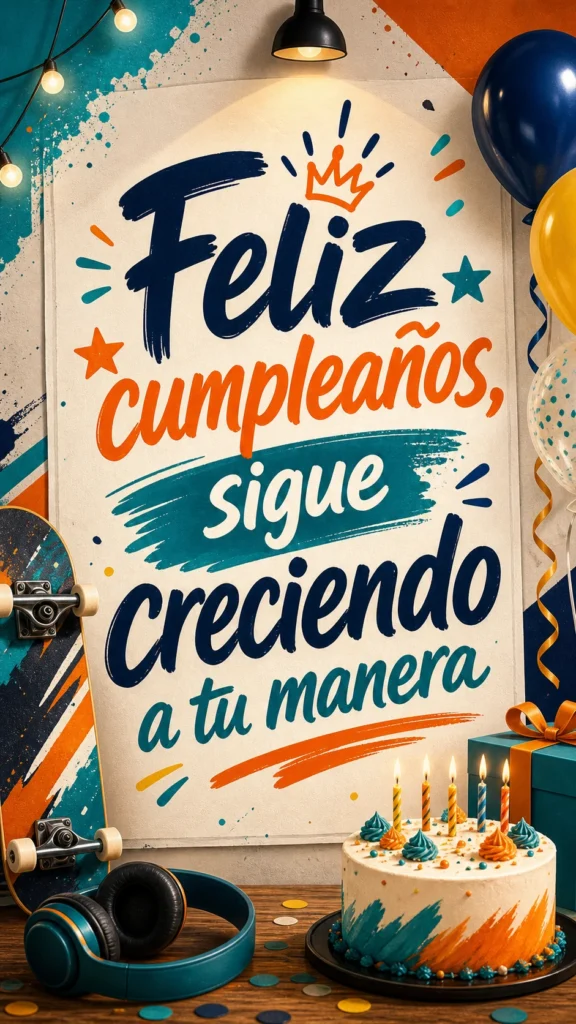 Imagen de cumpleaños para hijo adolescente con el texto "Feliz cumpleaños, sigue creciendo a tu manera", estilo urbano amable, colores vivos, auriculares/regalo/skate abstracto, sin marcas.