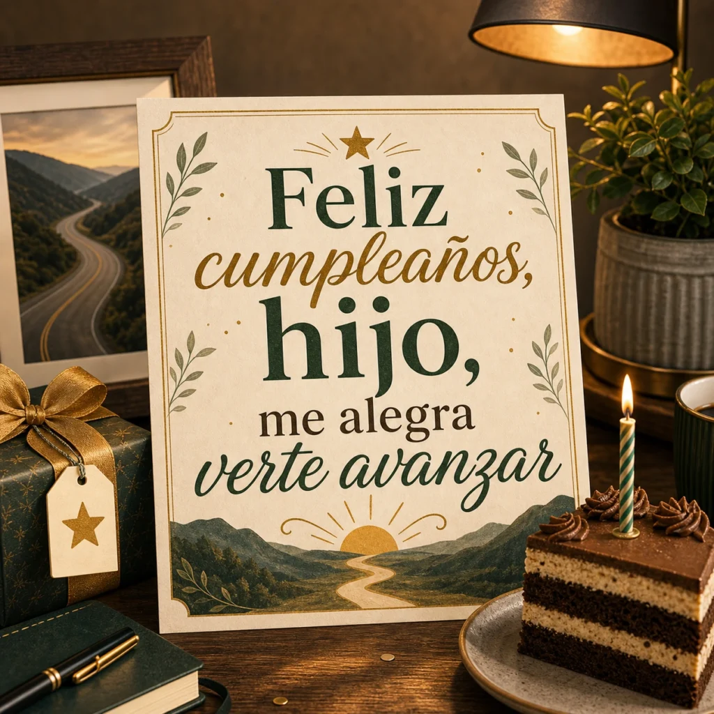 Imagen de feliz cumpleaños hijo adulto con el texto "Feliz cumpleaños, hijo, me alegra verte avanzar", editorial premium, escritorio, foto abstracta sin rostro, luz cálida, letra madura.