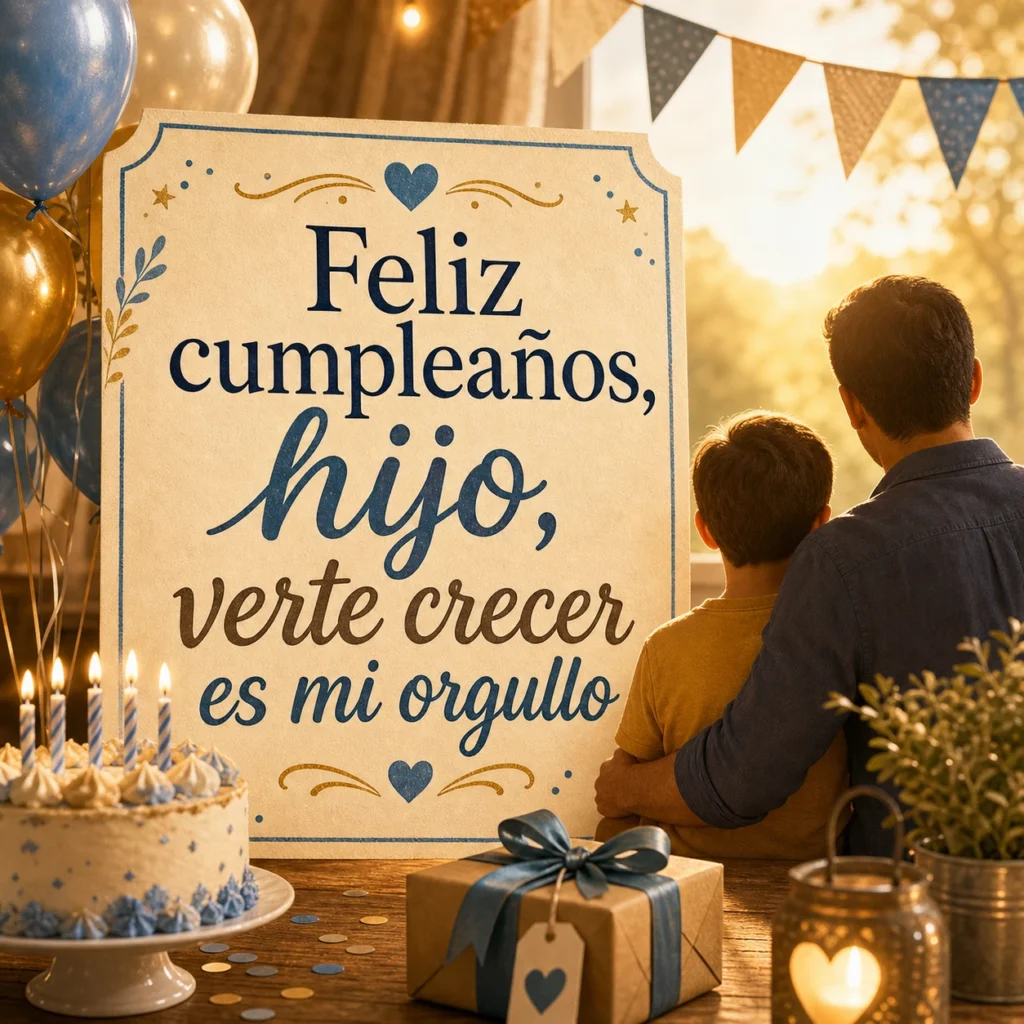 Imagen de feliz cumpleaños hijo con el texto "Feliz cumpleaños, hijo, verte crecer es mi orgullo", ilustración emocional padre/madre-hijo desde atrás, sin rostro identificable, globos y luz.