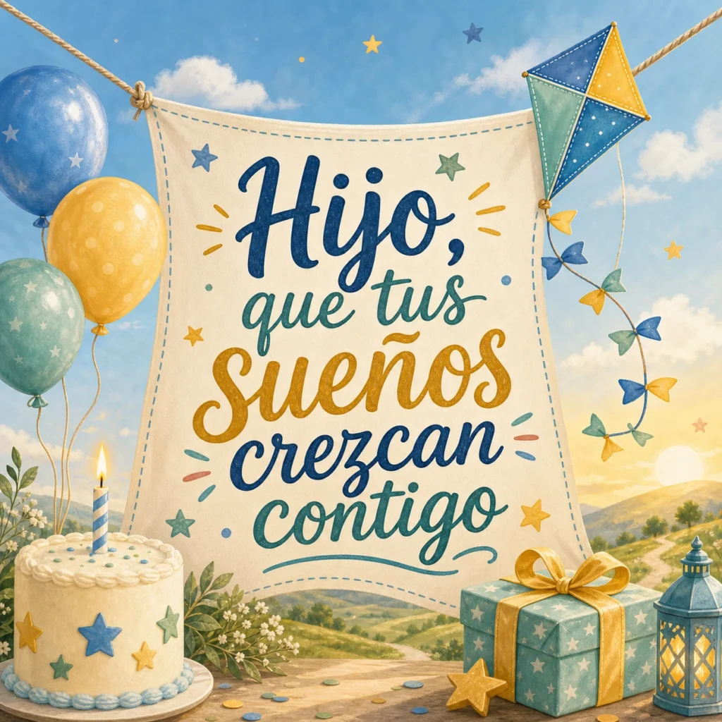 Imagen de cumpleaños para hijo con sueños con el texto "Hijo, que tus sueños crezcan contigo", ilustración tierna con cometa, estrellas y tarta pequeña, tono de futuro.
