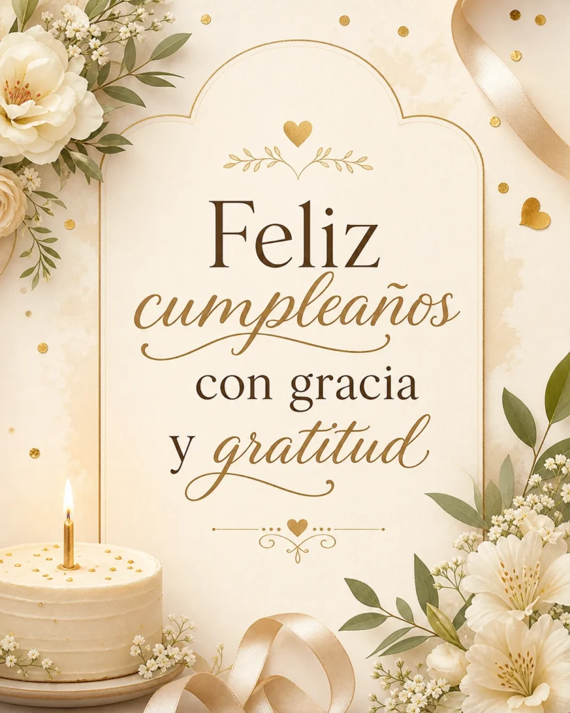 Imagen de tarjeta cristiana de cumpleaños con el texto "Feliz cumpleaños con gracia y gratitud", tarjeta limpia para móvil, dorado suave, confeti mínimo, composición muy legible.
