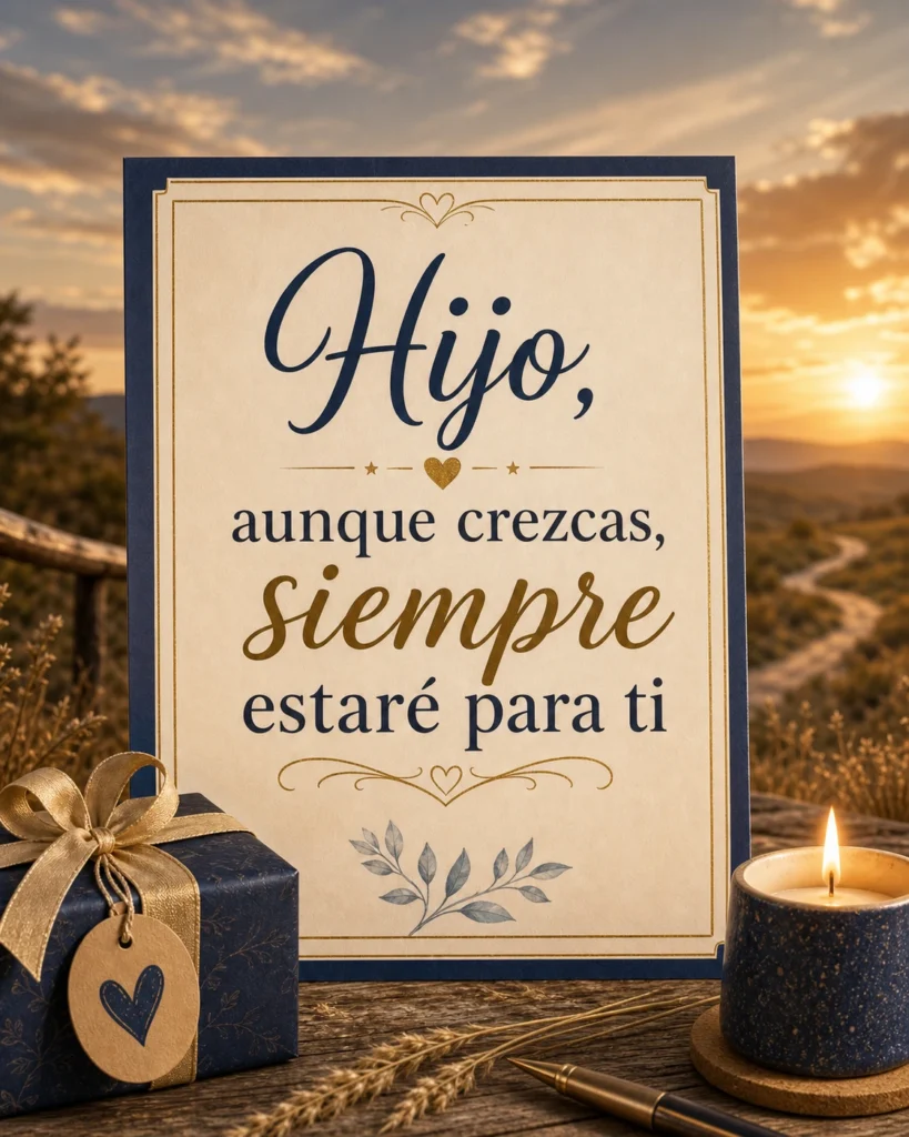 Imagen de tarjetas de cumpleaños para hijo adulto con el texto "Hijo, aunque crezcas, siempre estaré para ti", postal sobria, camino o horizonte, regalo pequeño, tono adulto y afectuoso.