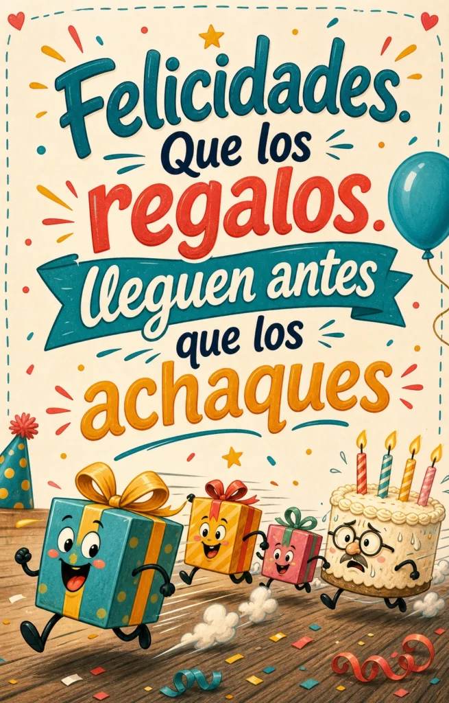 Imagen de tarjeta de cumpleaños graciosa con el texto "Felicidades. Que los regalos lleguen antes que los achaques", tarjeta de humor suave, regalos corriendo delante de velas, estilo ilustrado.